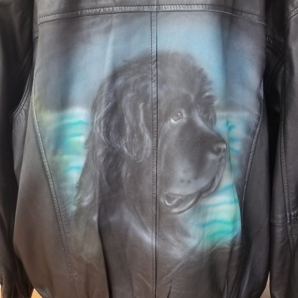 Newfoundland Dog Breed Airbrushed Design on Leather Lambskin Jacket | Men's